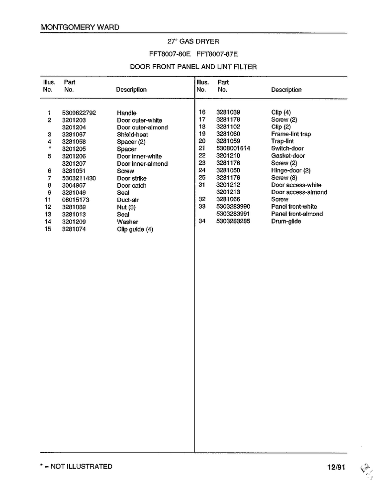 Door Front Panel And Lint Filter Page 2 Diagram and Parts List for 8007-87D  Frigidaire Dryer