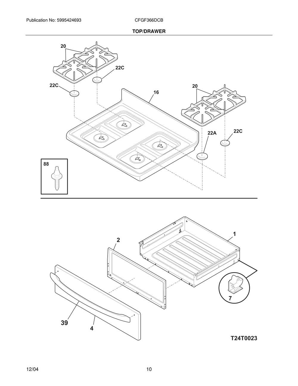 Top/Drawer Diagram and Parts List for CFGF366DCB  Frigidaire Range
