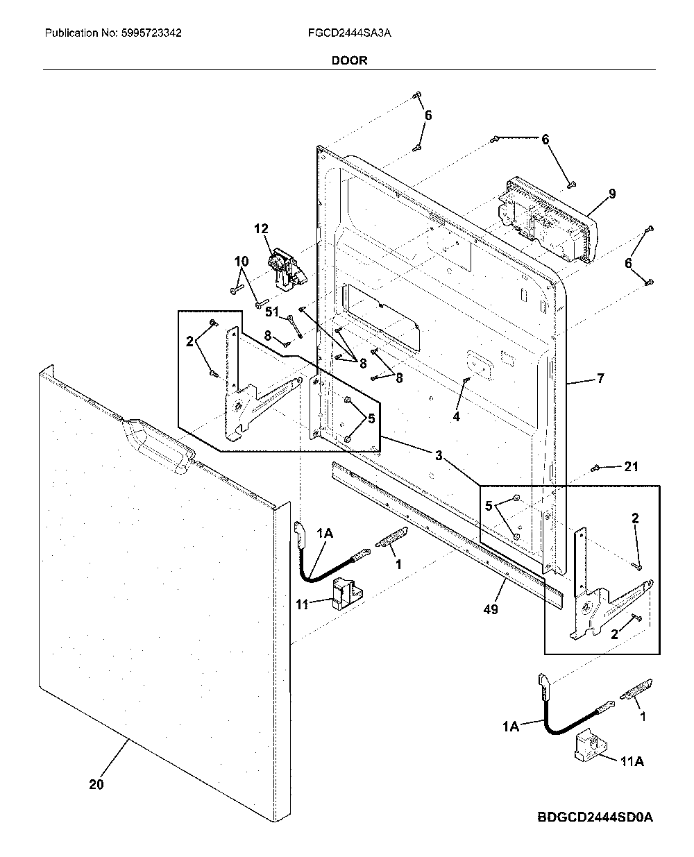 Door Diagram and Parts List for FGCD2444SA3A  Frigidaire Dishwasher