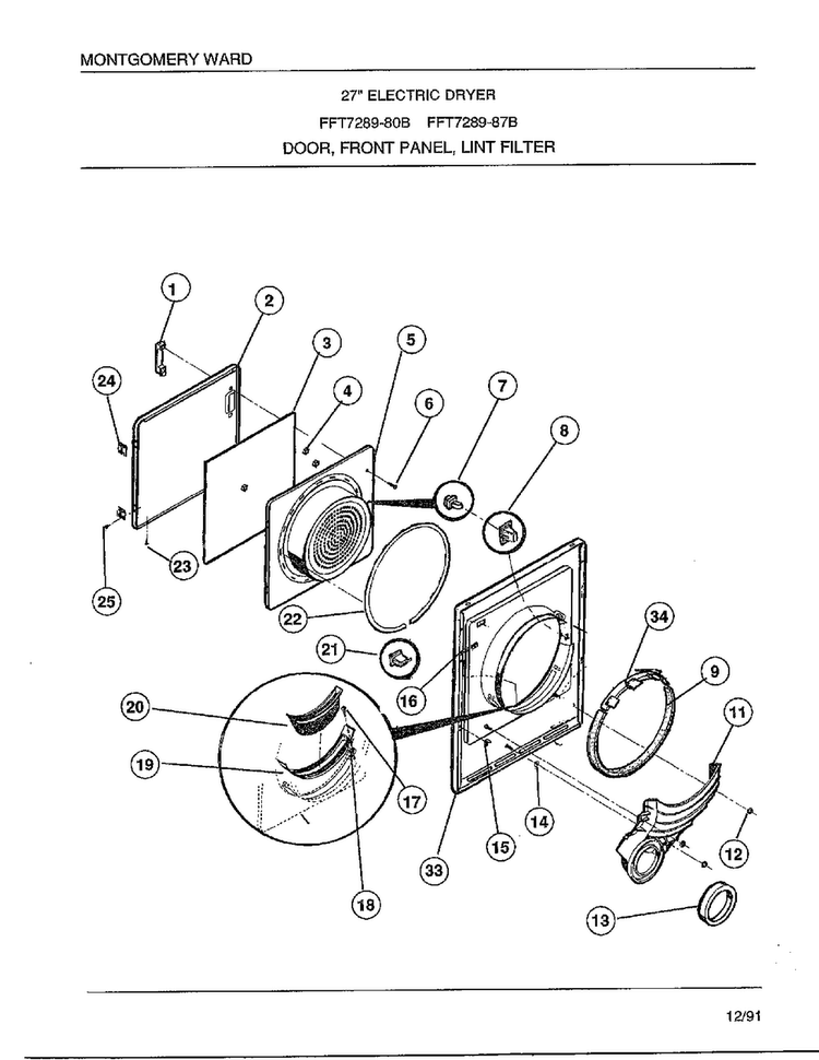 Door/front Panel/lint Filter Diagram and Parts List for 7289-80B  Frigidaire Dryer