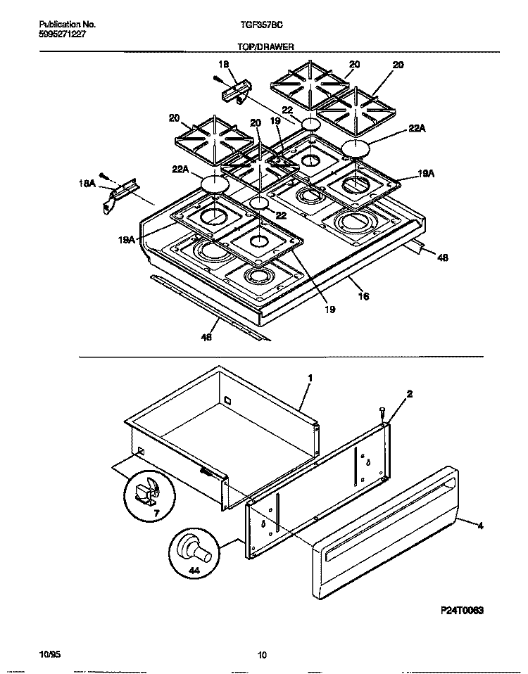 TOP / DRAWER Diagram and Parts List for TGF357BCWA  Tappan Range