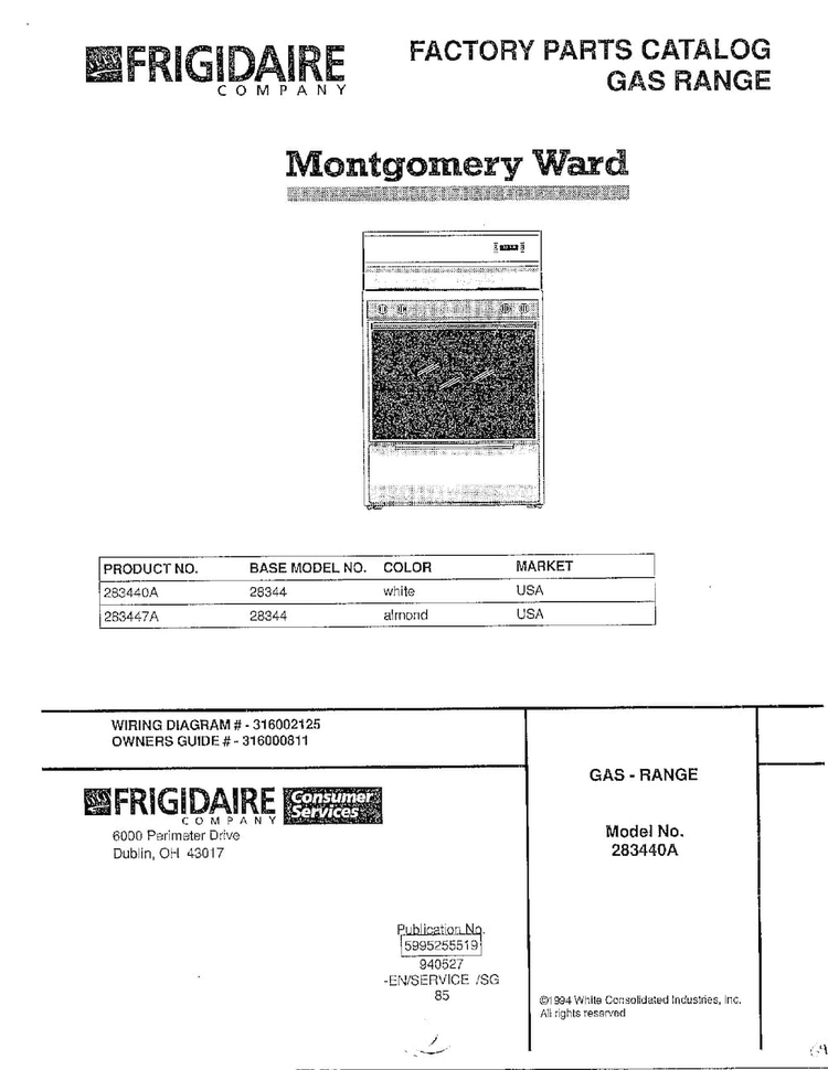 Gas Range Front Cover Diagram and Parts List for 283440A  Frigidaire Range