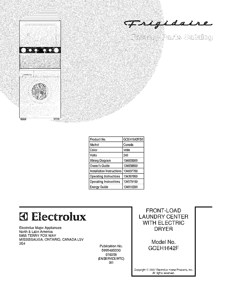 COVER Diagram and Parts List for GCEH1642FS0  Frigidaire Washer Dryer Combo