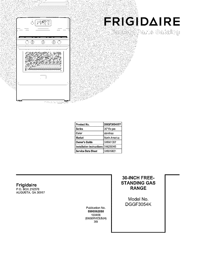 COVER Diagram and Parts List for DGGF3054KFF  Frigidaire Range