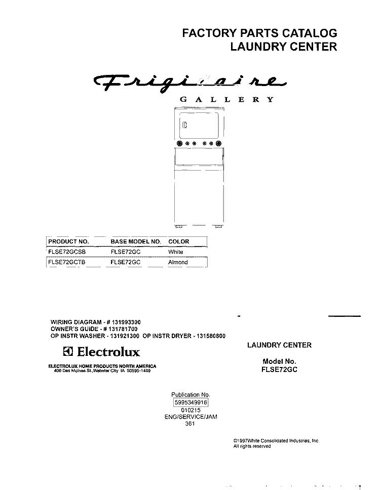 COVER Diagram and Parts List for FLSE72GCTB  Frigidaire Washer Dryer Combo
