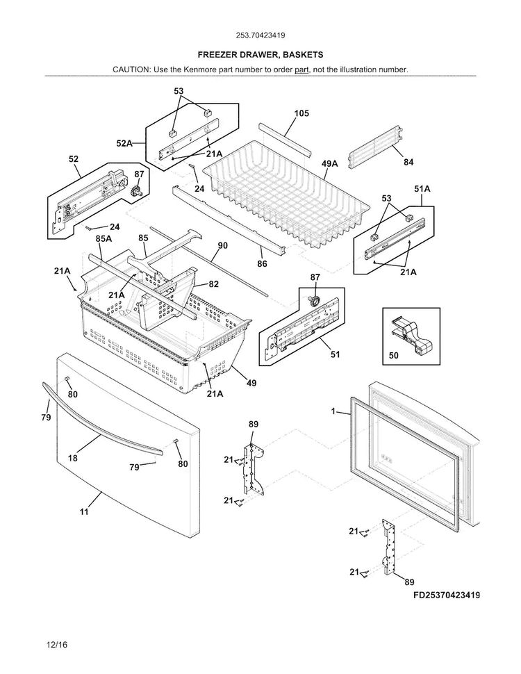 Freezer Drawer, Baskets Diagram and Parts List for 25370423419  Kenmore Refrigerator