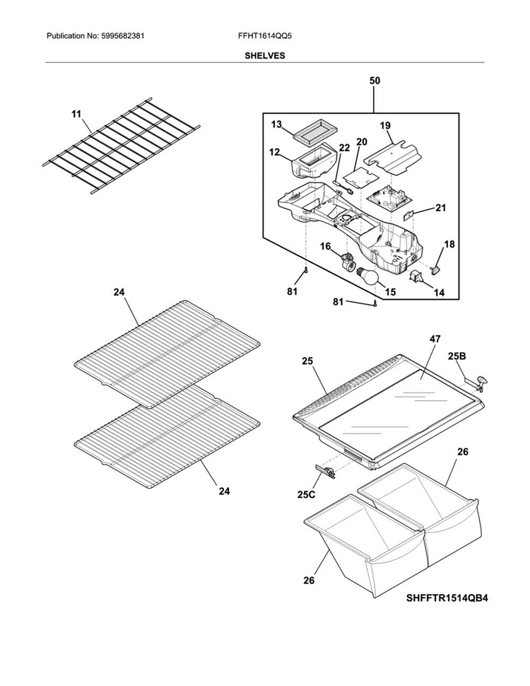 Shelves Diagram and Parts List for FFHT1614QQ5  Frigidaire Refrigerator