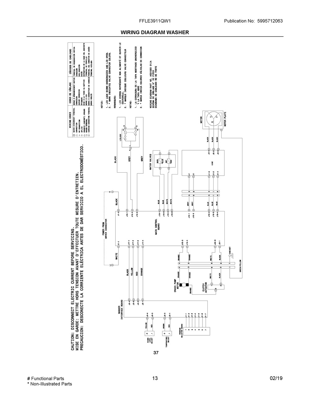 Wiring Diagram Washer Diagram and Parts List for FFLE3911QW1  Frigidaire Washer Dryer Combo