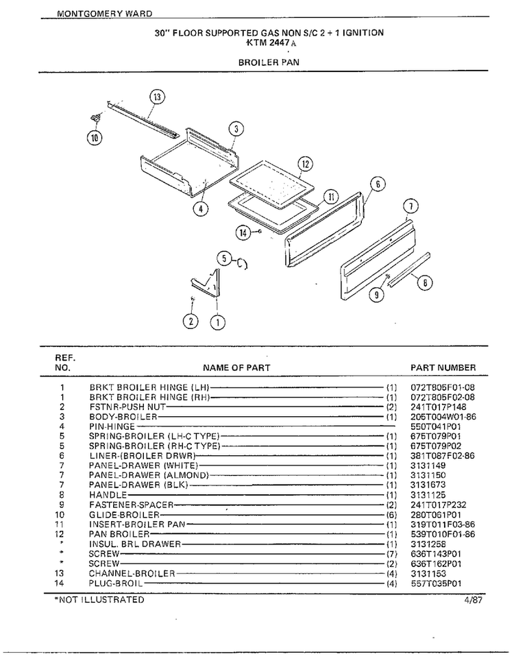 30" Floor/broiler Pan Diagram and Parts List for 2447A  Frigidaire Range
