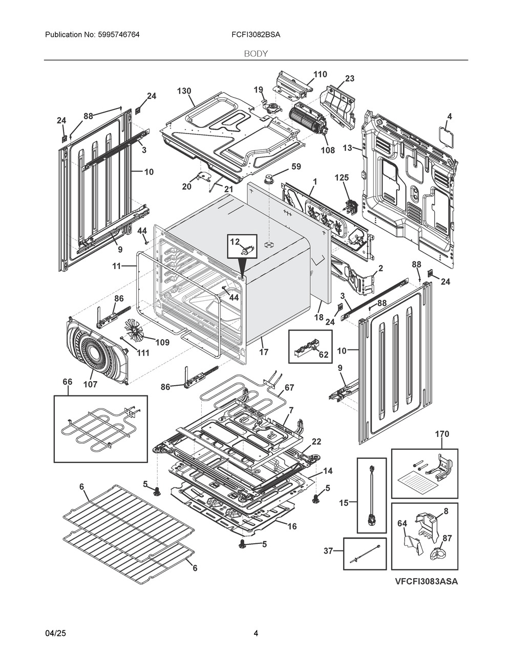 Body Diagram and Parts List for FCFI3082BSA  Frigidaire Range