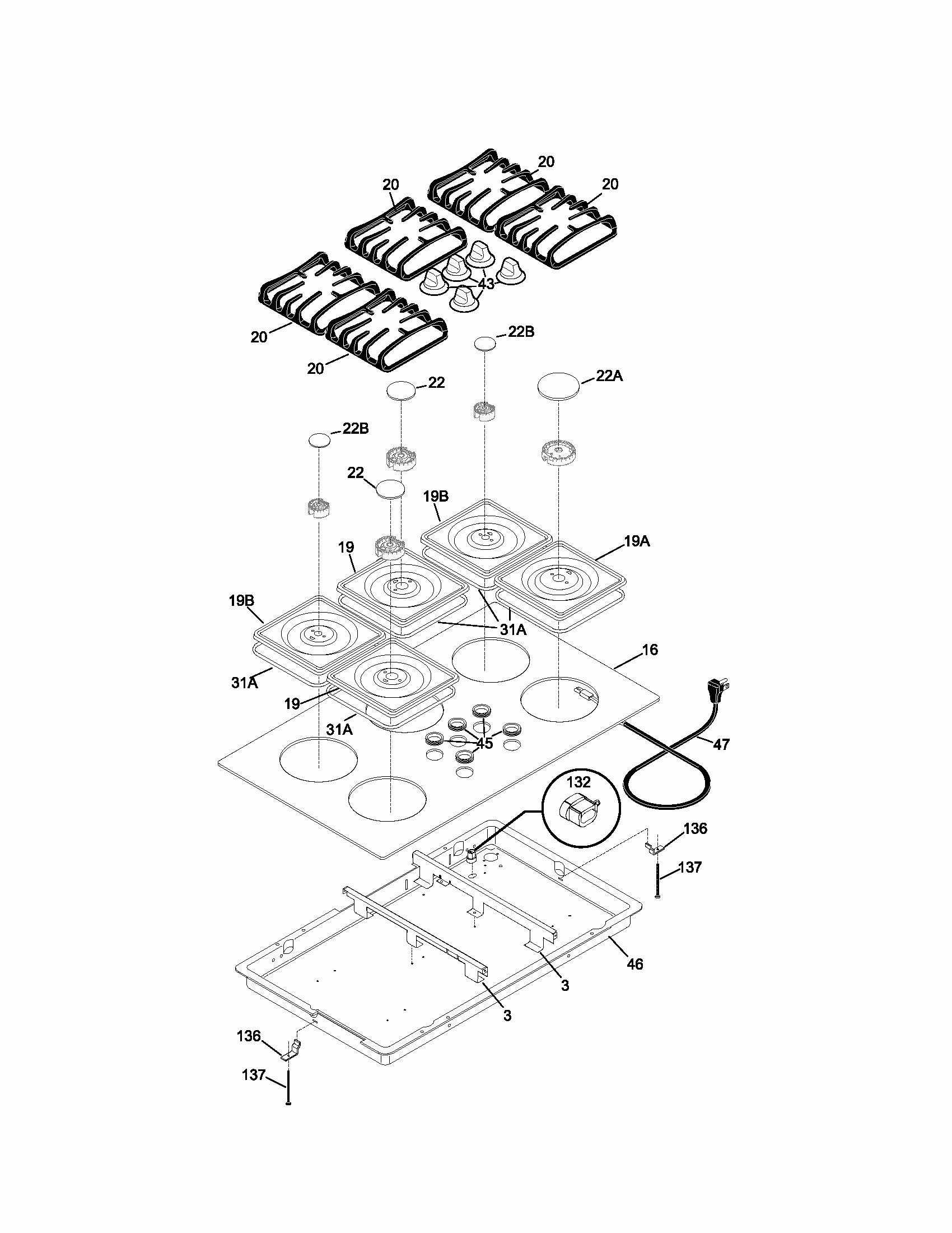Maintop Diagram and Parts List for 79033394401  Kenmore Cooktop