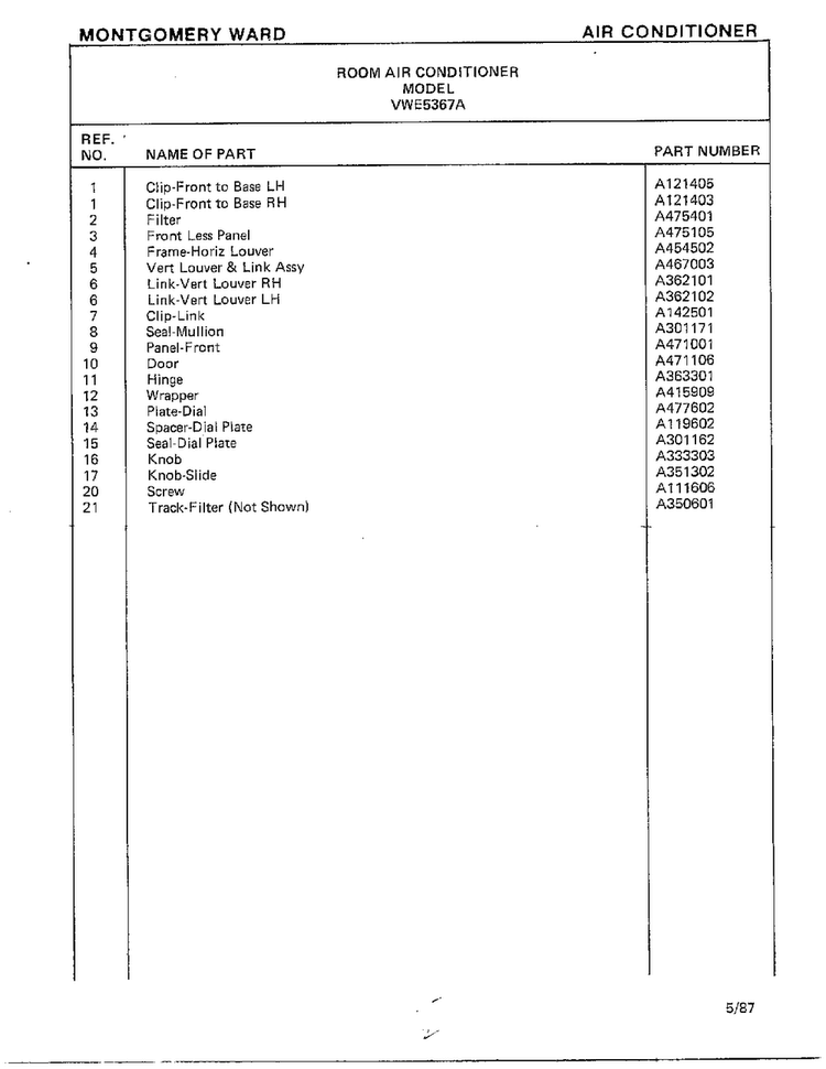 Room Air Conditioner Page 2 Diagram and Parts List for 5367A  Frigidaire Air Conditioner