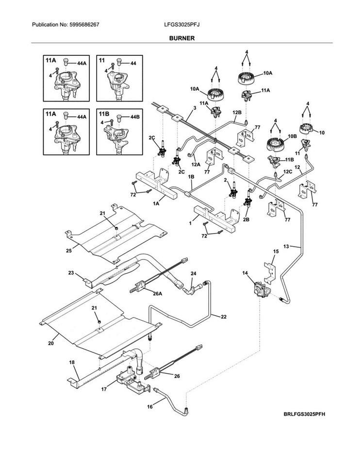 Burner Diagram and Parts List for LFGS3025PFJ  Frigidaire Range