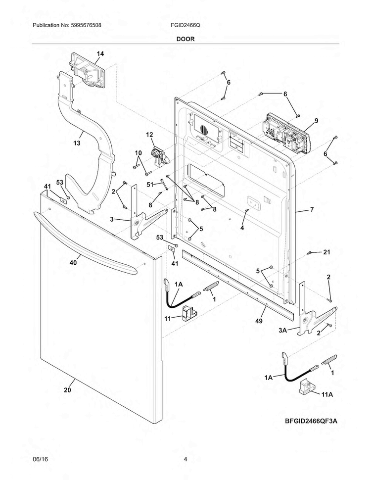 Door Diagram and Parts List for FGID2466QB5A  Frigidaire Dishwasher