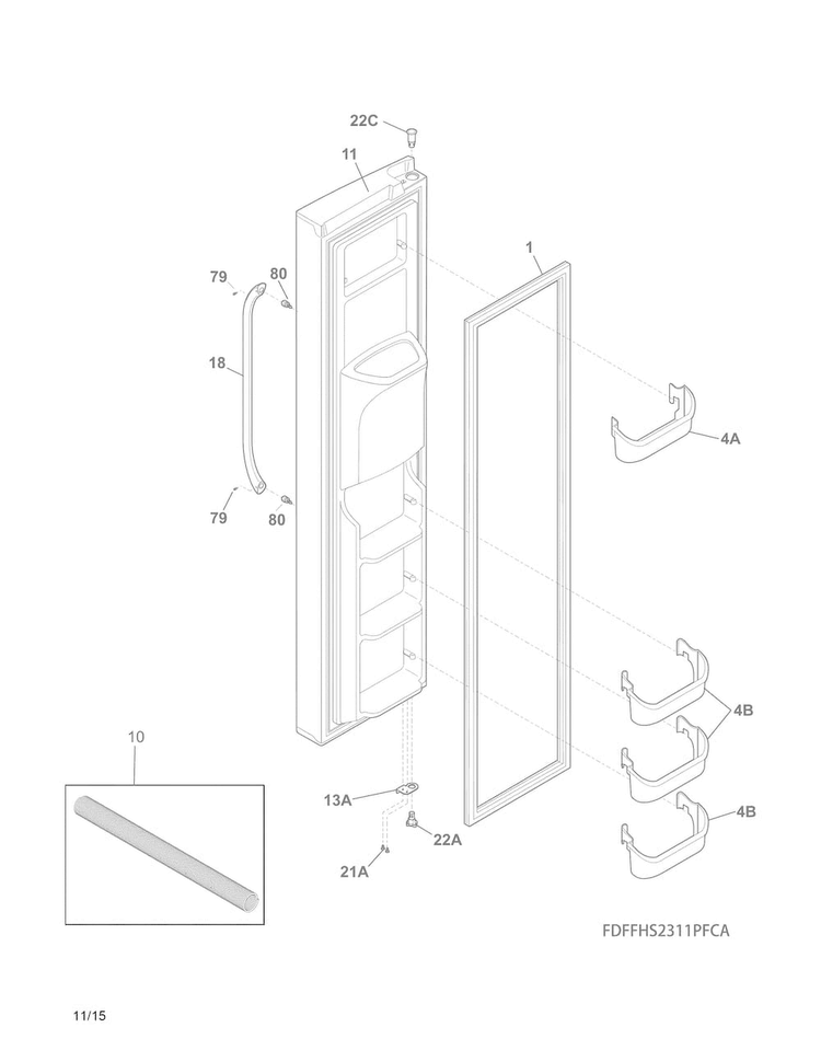 Freezer Door Diagram and Parts List for FFHS2311PFEA  Frigidaire Refrigerator