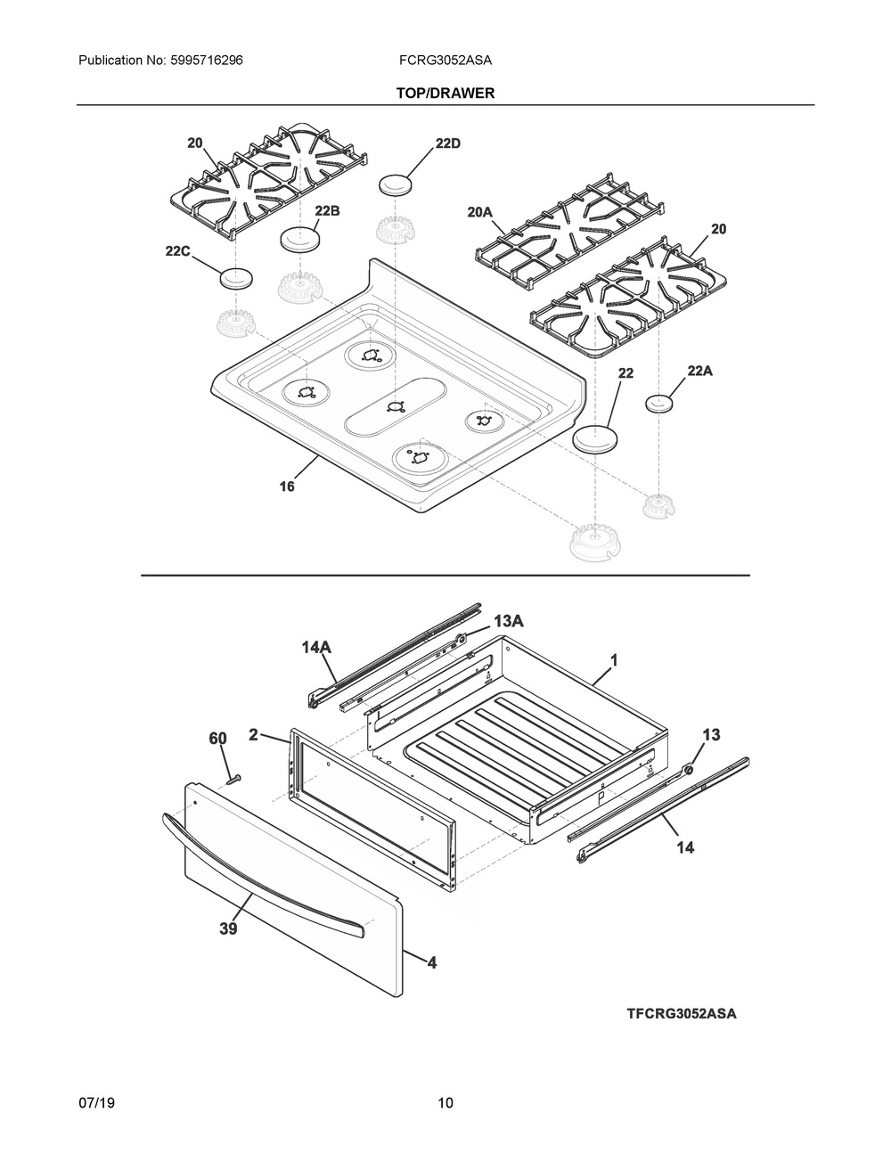 Top/drawer Diagram and Parts List for FCRG3052ASA  Frigidaire Range