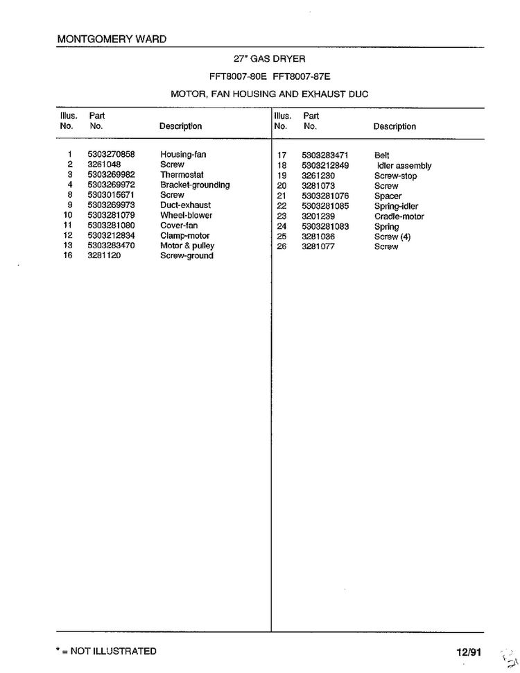 Motor/fan Housing And Exhaust Duct Diagram and Parts List for 8007-87D  Frigidaire Dryer