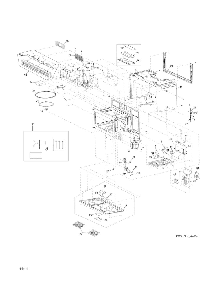 Oven,cabinet Diagram and Parts List for LFMV164QFA  Frigidaire Microwave