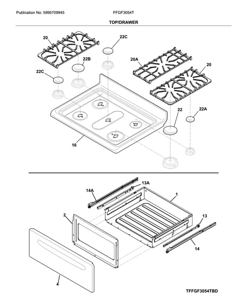 Top/Drawer Diagram and Parts List for FFGF3054TBD  Frigidaire Range