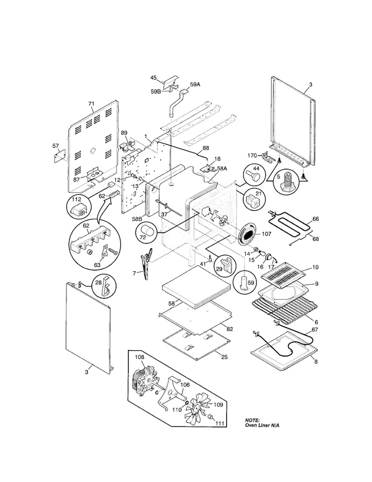Body Diagram and Parts List for FEF388CJBA  Frigidaire Range