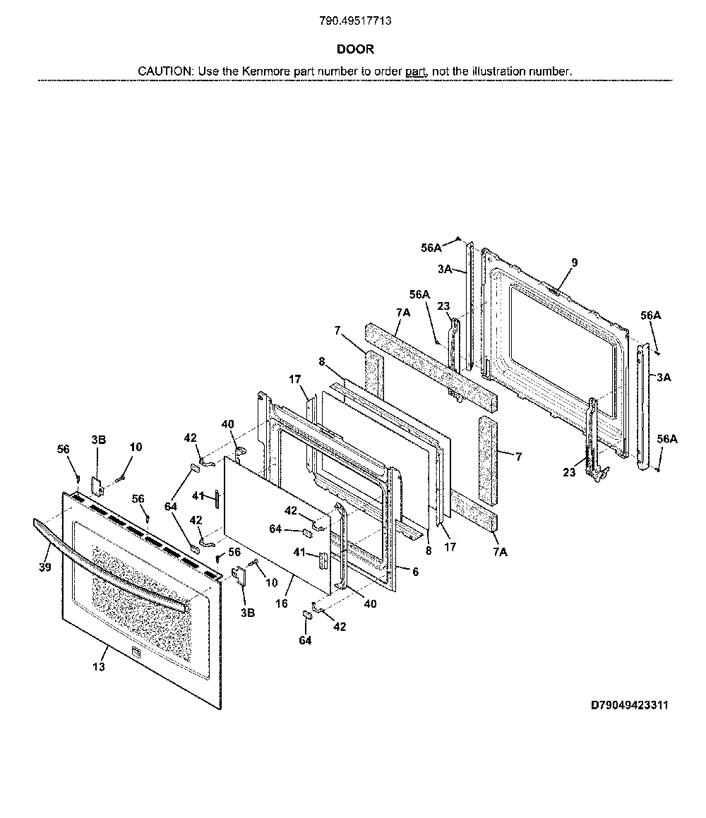 Door Diagram and Parts List for 79049517713  Kenmore Wall Oven