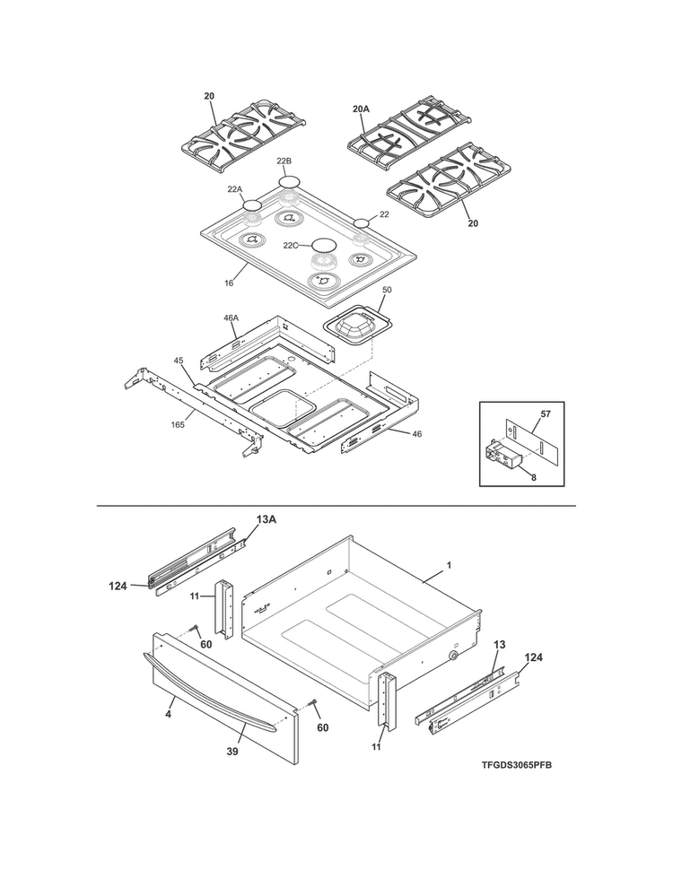 Top/drawer Diagram and Parts List for CGDS3065PFG  Frigidaire Range