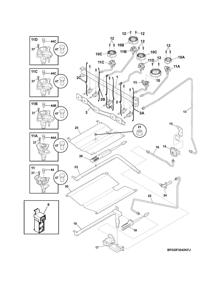 Burner Diagram and Parts List for FGGF3035RFA  Frigidaire Range