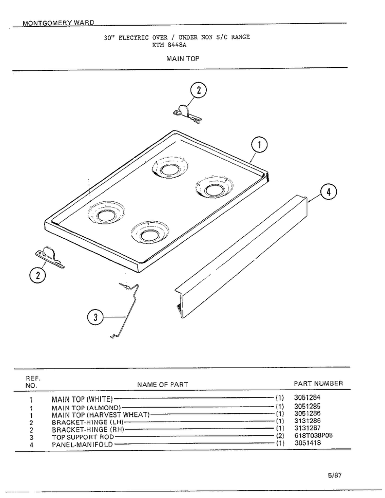 Main Top Diagram and Parts List for 8448A  Frigidaire Range