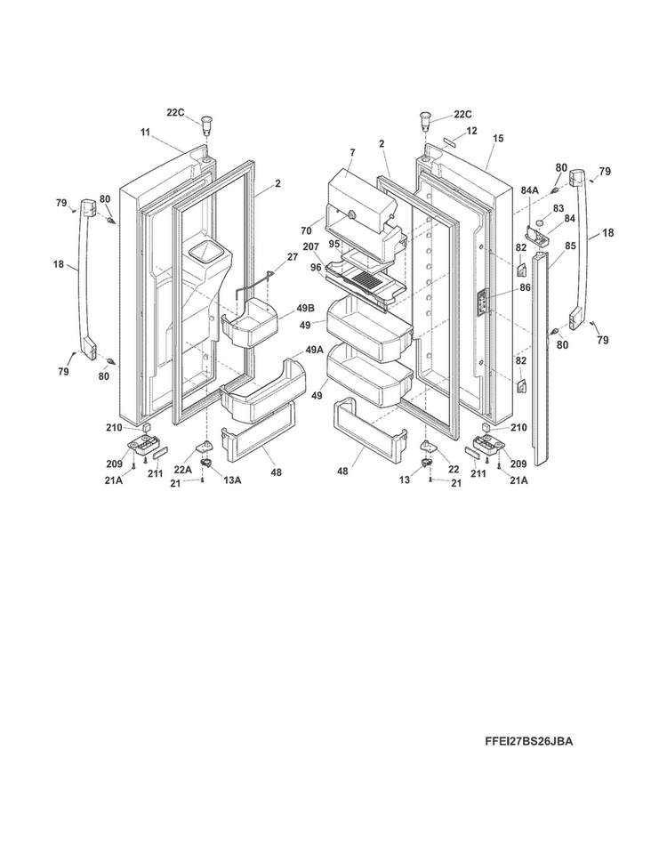 Fresh Food Doors Diagram and Parts List for EI27BS26JWD  Electrolux Refrigerator
