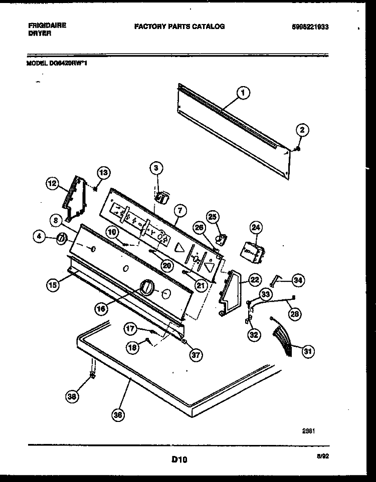CONSOLE AND CONTROL PARTS Diagram and Parts List for DG6420RW1  Frigidaire Dryer