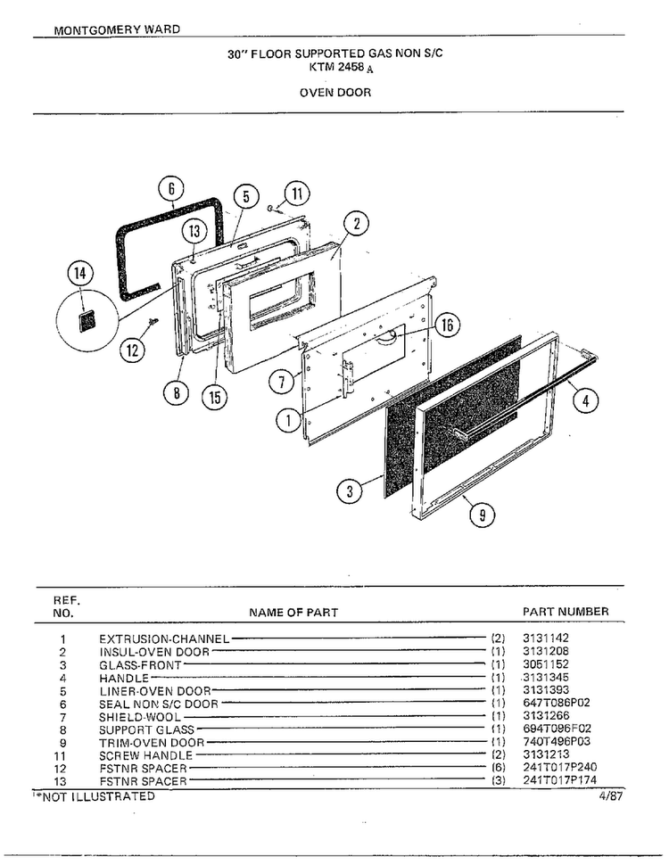 30" Floor/oven Door Diagram and Parts List for 2458A  Frigidaire Range