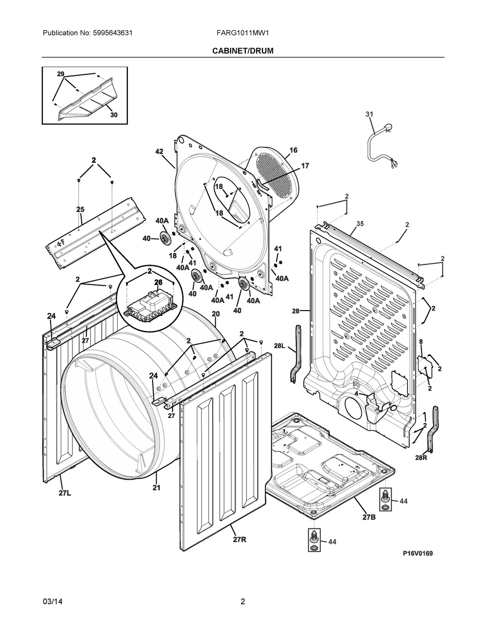 Cabinet/drum Diagram and Parts List for FARG1011MW1  Frigidaire Dryer