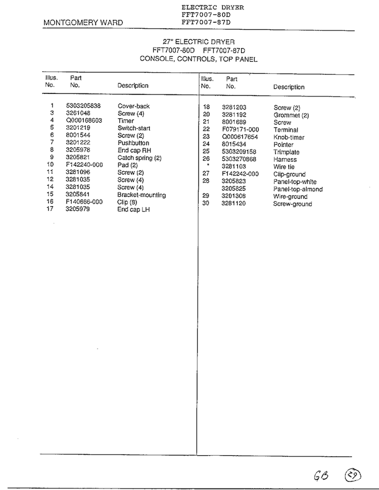 Console, Controls, Top Panel Page 2 Diagram and Parts List for 7007-80D  Frigidaire Dryer