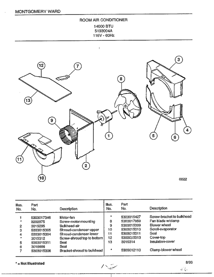 Room Air Conditioner Page 4 Diagram and Parts List for 5193004A  Frigidaire Air Conditioner