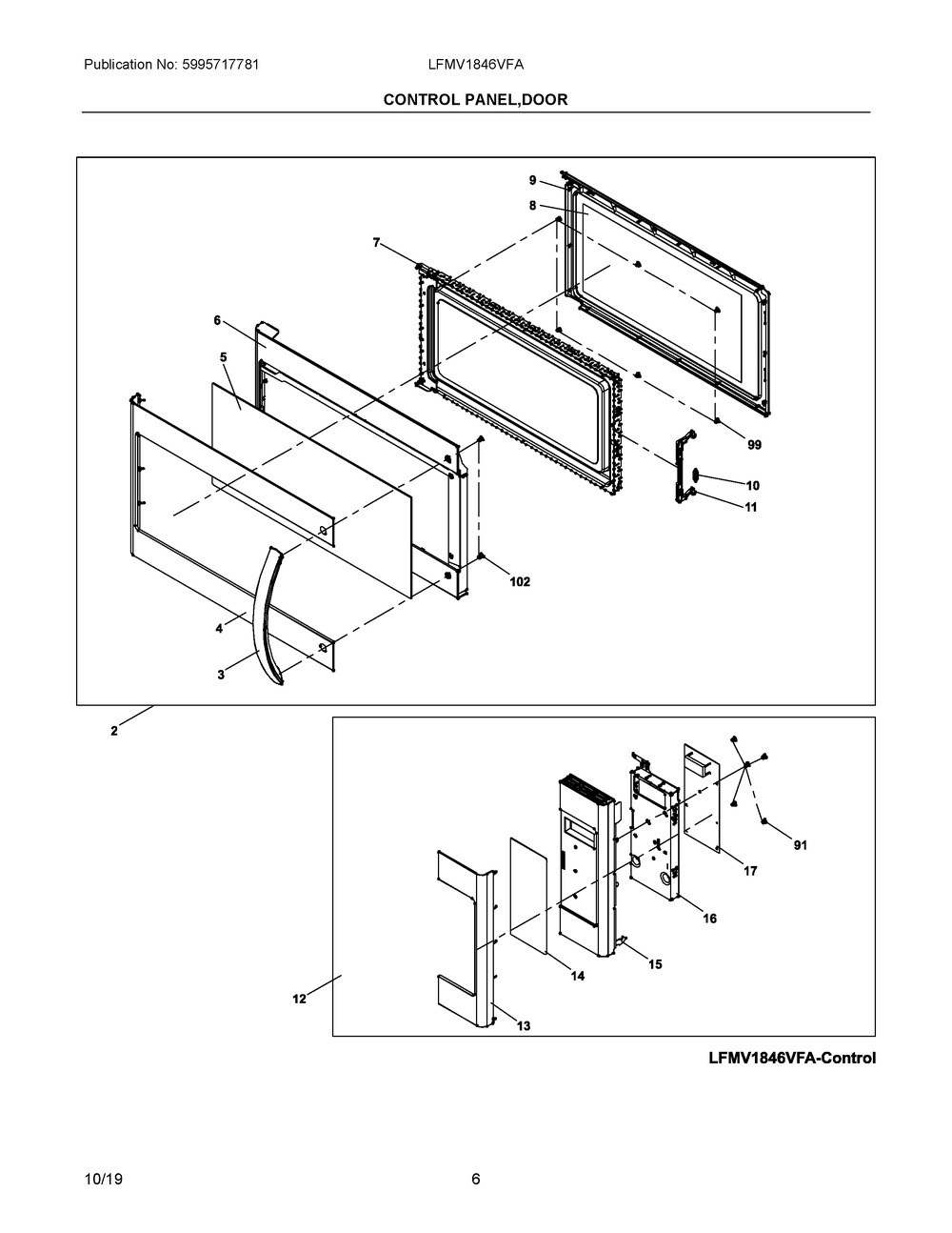 Control Panel,door Diagram and Parts List for LFMV1846VFA  Frigidaire Microwave