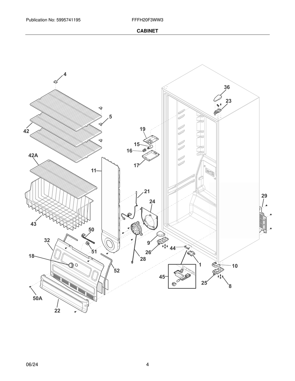 Cabinet Diagram and Parts List for FFFH20F3WW3  Frigidaire Freezer