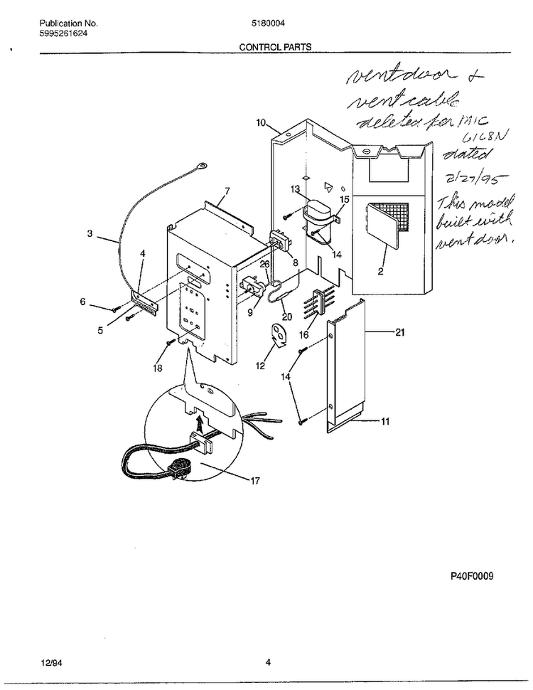 Control Parts Diagram and Parts List for 5180004  Frigidaire Air Conditioner