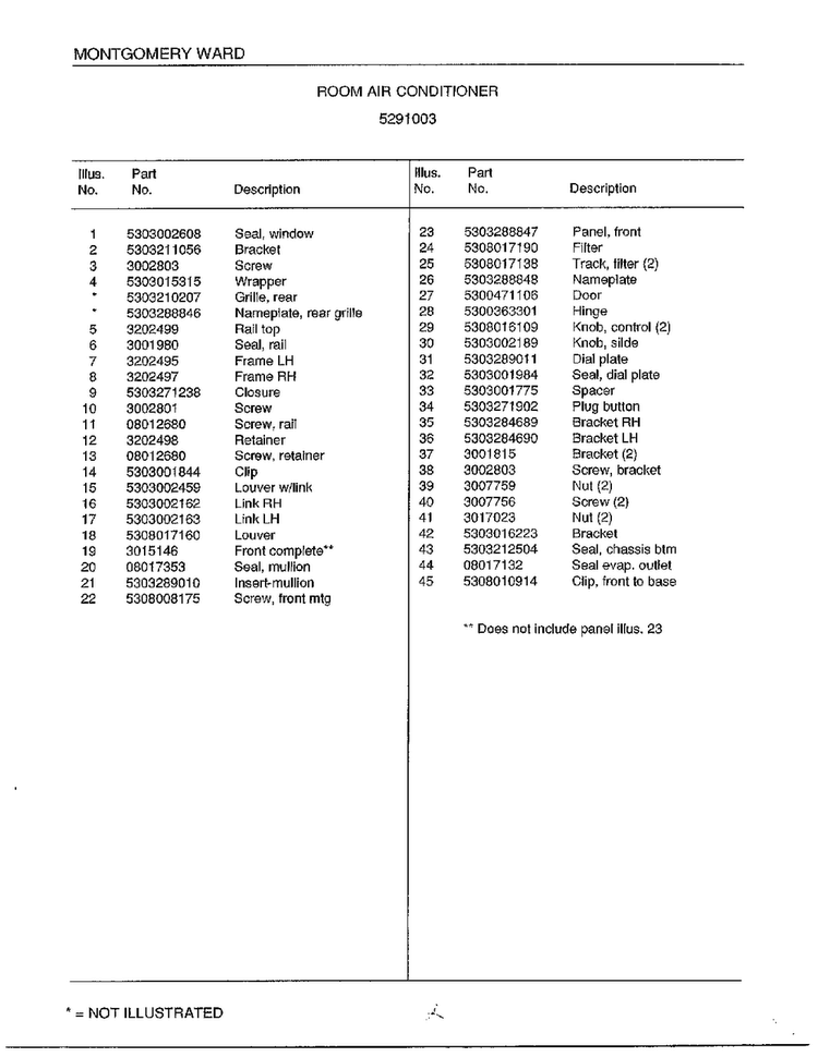 Room Air Conditioner Page 2 Diagram and Parts List for 5291003  Frigidaire Air Conditioner