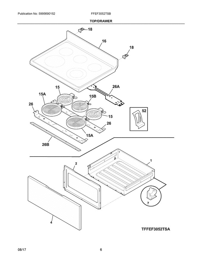 04 - Top/drawer Diagram and Parts List for FFEF3052TSB  Frigidaire Range