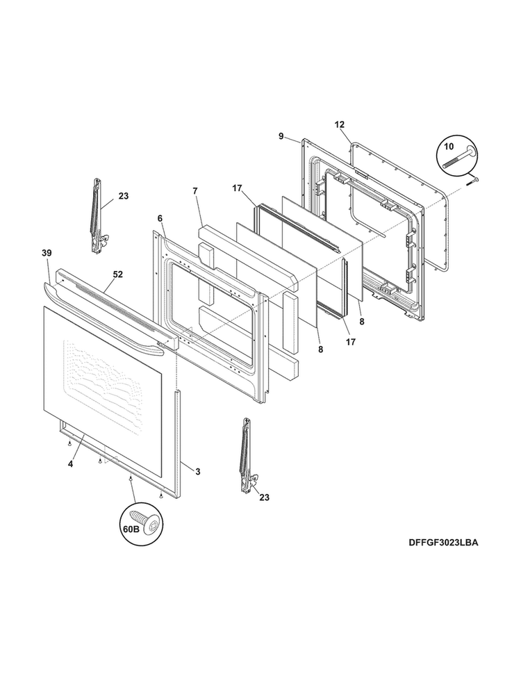 Door Diagram and Parts List for FFGF3021ZWD  Frigidaire Range