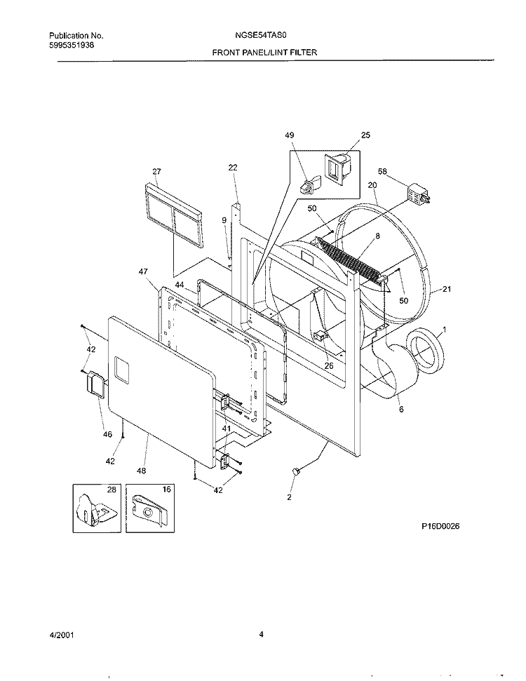 FRNT PNL, DOOR Diagram and Parts List for NGSE54TAQ0  Frigidaire Dryer