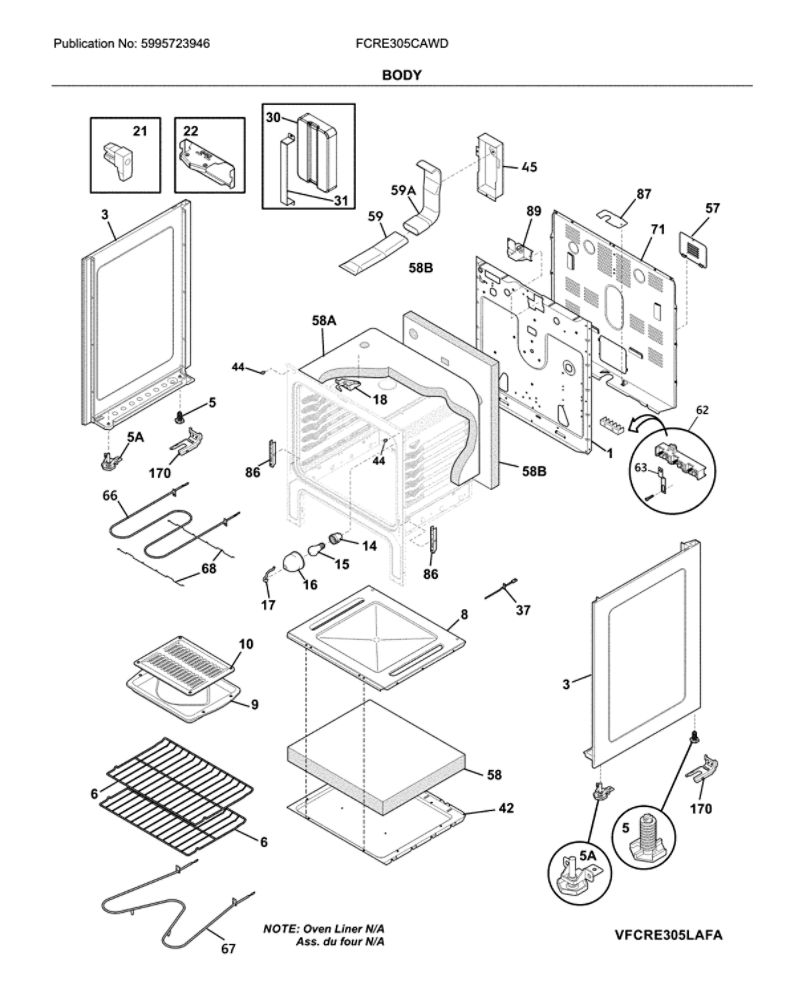Body Diagram and Parts List for FCRE305CAWD  Frigidaire Range