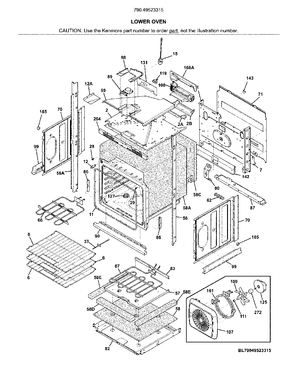 Lower oven Diagram and Parts List for 79049523315  Kenmore Wall Oven