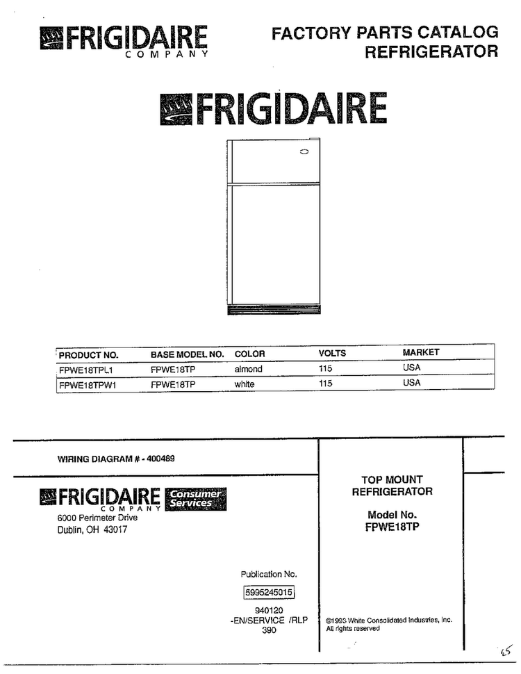 Refrigerator Diagram and Parts List for FPWE18TP  Frigidaire Refrigerator