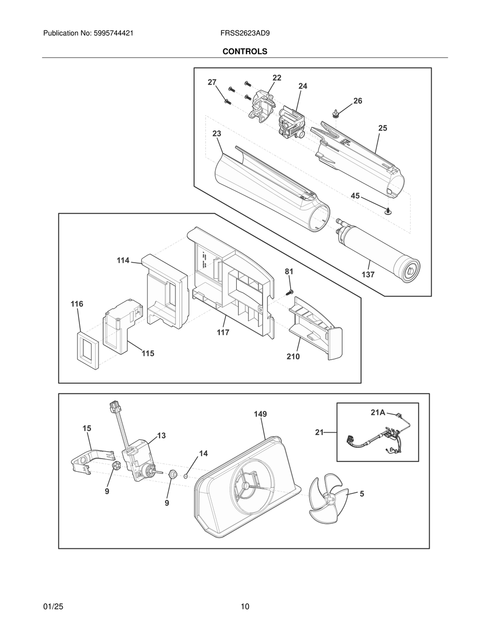 Controls Diagram and Parts List for FRSS2623AD9  Frigidaire Refrigerator