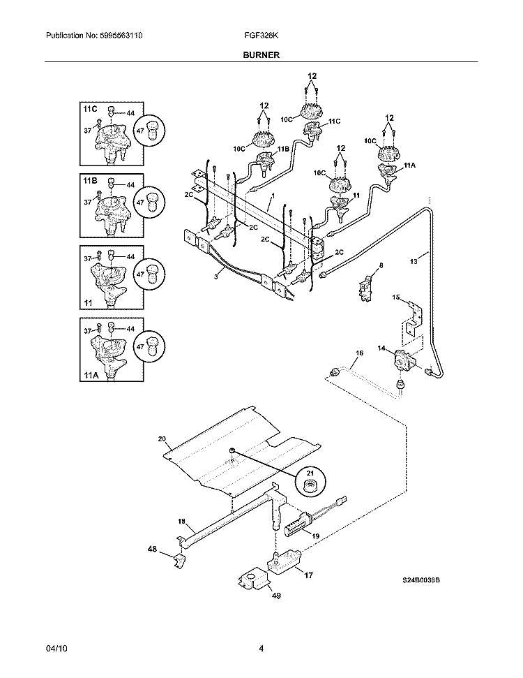 BURNER Diagram and Parts List for FGF326KBC  Frigidaire Range