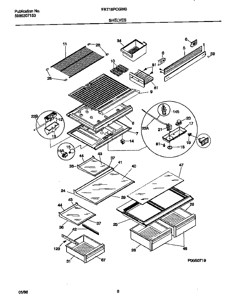 SHELVES Diagram and Parts List for FRT18PCGW0  Frigidaire Refrigerator