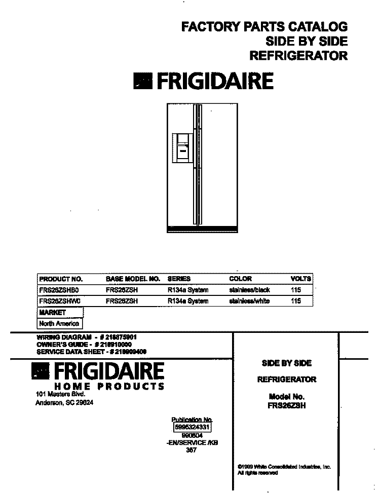 COVER Diagram and Parts List for FRS26ZSHB0  Frigidaire Refrigerator