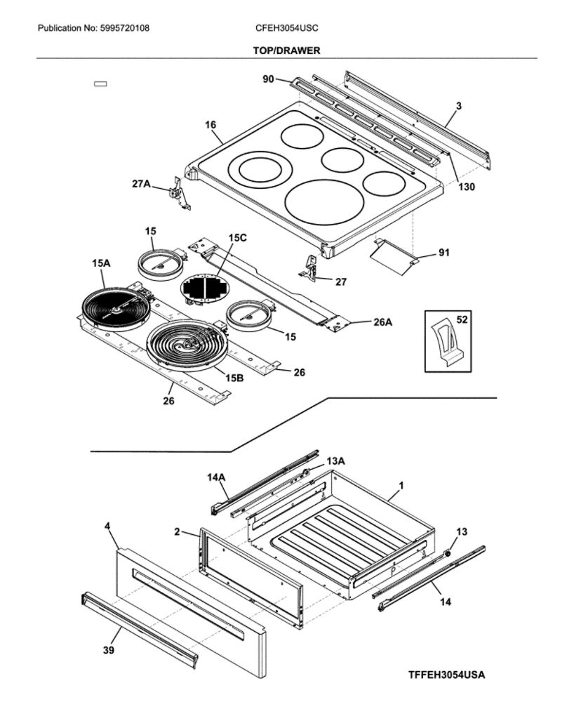 Top/Drawer Diagram and Parts List for CFEH3054USC  Frigidaire Range