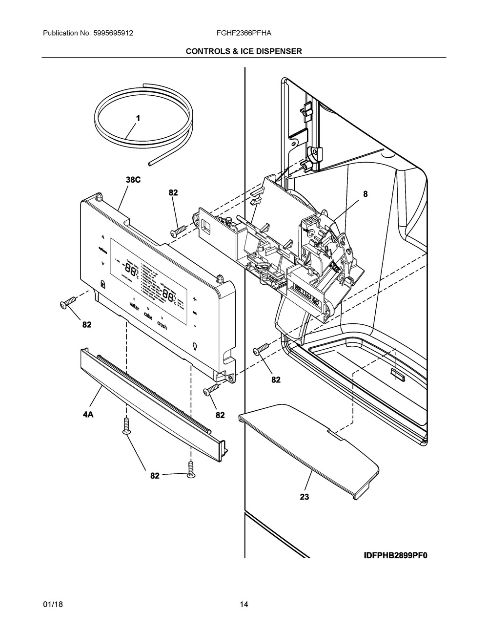 Controls & Ice Dispenser Diagram and Parts List for FGHF2366PFHA  Frigidaire Refrigerator